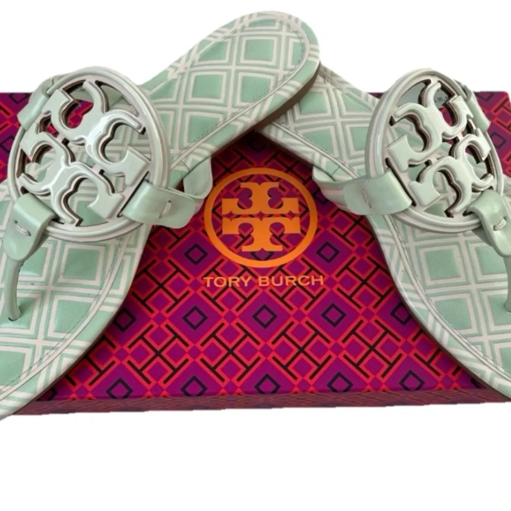 NEW TORY BURCH METAL MILLER SANDAL LEATHER/NEW IVORY MEADOW MIST SIZE 9 Shoes